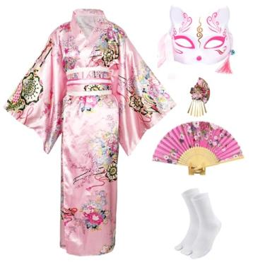 Imagem de Kimonos para mulheres, vestido japonês, fantasia de gueixa, fantasia de gueixa, anime, cosplay, roupa de empregada, máscara, leque de mão, conjunto de meias, rosa, Tamanho Único