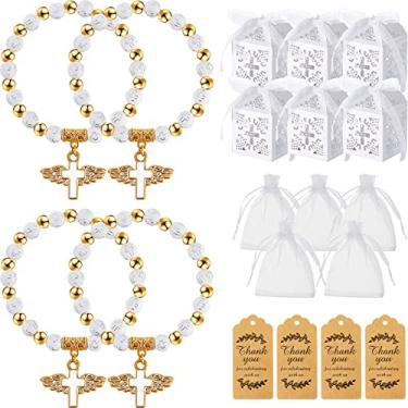 Imagem de Conjunto de 200 peças de baptismo inclui 50 peças de pulseira de terço com cruz de anjo 50 peças caixas de presente de batismo com fita 50 peças etiquetas de agradecimento 50 peças de sacos de organza para chá de bebê suprimentos de batismo