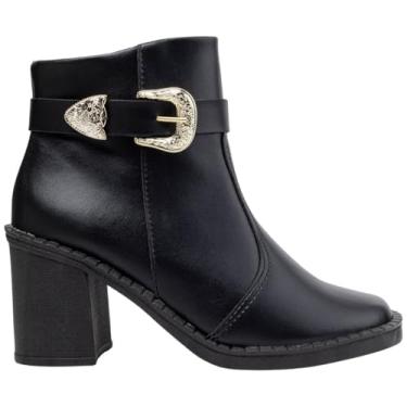 Imagem de Bota Feminina Via Angel Salto Grosso Ankle Boot Enfeite Fivela Bico Quadrado Confortavel 8003. (Preto, BR, Adulto, Numérico, 40)