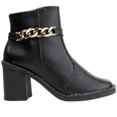 Imagem de Bota Feminina Via Angel Salto Médio Grosso Cano Baixo Ankle Boot Bico Quadrado Corrente Moderna 80.04. (Preto, BR, Adulto, Numérico, 35)
