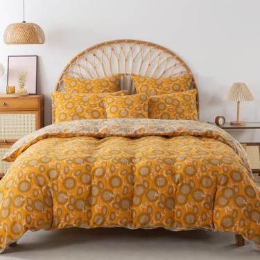 Imagem de FADFAY Conjunto de capa de edredom floral de gaze dupla, 100% algodão, Queen, estampa de girassol, laranja, desgastado, vintage, estilo campo, roupa de cama para todas as estações, macia, respirável