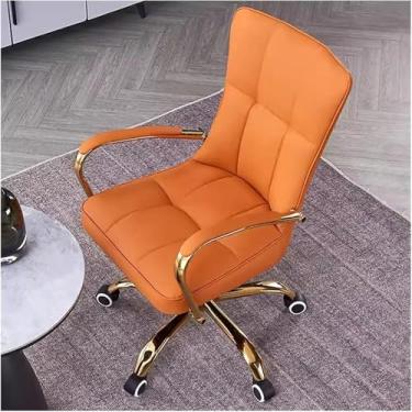 Imagem de Cadeira de cadeira de escritório de couro com apoio de braço, cadeira de computador giratória ajustável com pernas e braços dourados, cadeira de tarefa estofada confortável para sala de esta