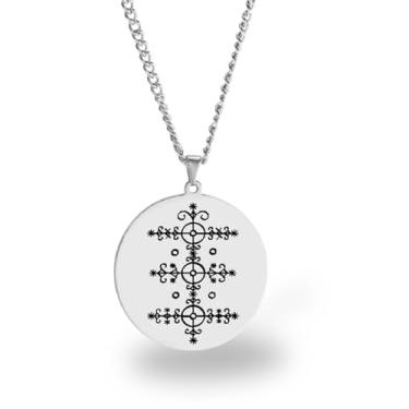 Imagem de Colar Vevê Vodu – Pingente com Símbolos dos Lwas em Aço Inoxidável (Prata, Ouro ou Preto) • Amuleto Espiritual Afro-Caribenho de Proteção, Magia e Fé (Maraca Dosou, Prata)