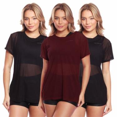 Imagem de Kit 3 Blusa Manga Curta Tule Transparente Treino Academia Fitness - Br