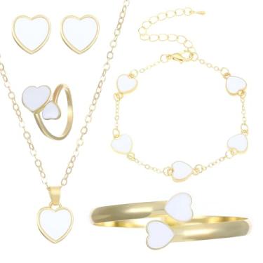 Imagem de Izpack Colar com pingente de coração moderno, 5 peças, brincos de pulseira, pulseira e anel, conjunto de joias esmaltadas, corações de amor, joias fofas para mulheres, mãe e ela, Small, Metal Esmalte