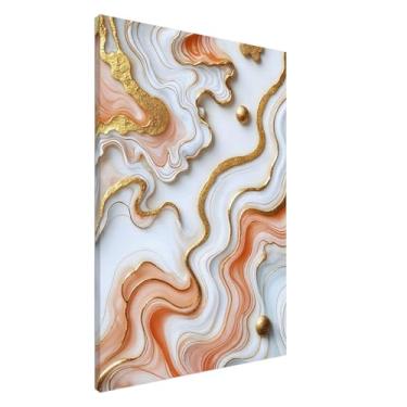 Imagem de PUREVACY Arte de parede de mármore para quarto, sala de estar ou escritório. Decoração de parede branca, dourada e laranja suave. Impressão em tela abstrata ondulada Orientação vertical 70 x 100 cm