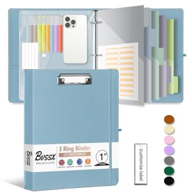 Imagem de Organizador de fichário de couro com 3 anéis de 2,5 cm, fichários BVSSX com prancheta, pasta de plástico, divisórias de bolso de 5 abas com etiquetas adesivas, alça para caneta, alça elástica (azul