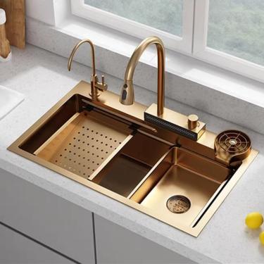 Imagem de Pia De Cozinha, Pia De Cozinha De Tigela única Pia De Cachoeira Nano Golden Com Lavadora De Vidro Pia Engrossada Doméstica De Cozinha E Máquina De Lavar Louça, Gold, 75 * 45 * 24cm