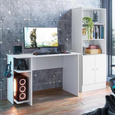 Imagem de Mesa p/ escritório e gamer branco/branco (3875.5) + armario gamer bran