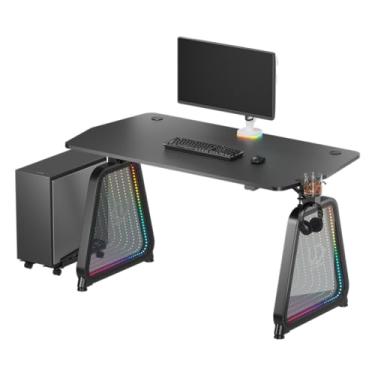 Imagem de Ultradesk Mesa de apoio para mesa de computador - estrutura de aço - espaço para 2 monitores - formas futuristas - espaço para pernas - acessórios - 136 x 70,5 cm - preto