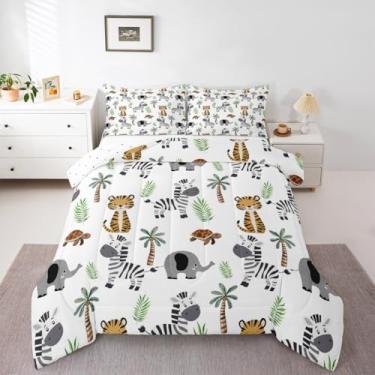 Imagem de Feelyou Jogo de cama casal de animais de zoológico, desenho animado, elefante, tigre e elefante para crianças, meninos, meninas, zebra, tartaruga, árvore tropical, edredom macio, leve, para decoração