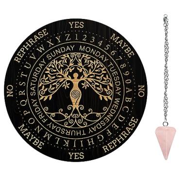 Imagem de AHANDMAKER Conjunto De Tabuleiro Pêndulo, Mensagem Metafísica Adivinhação Radiestesia Madeira Com Colar Cristal Para Bruxaria, Kit Suprimentos Altar Wicca, Padrão Da Árvore Vida