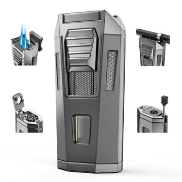 Imagem de Isqueiro de tocha 4 em 1 ajustável, à prova de vento, 2 isqueiros de chama a jato para viagem com ferramenta de soco, suporte e realçador, recarregável, design butano, isqueiros a gás presente para