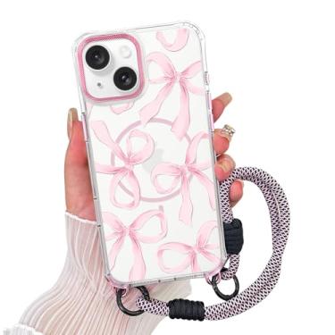 Imagem de AIGOMARA Capa magnética para iPhone 15 [compatível com MagSafe] Capa de telefone com padrão de laço de fita transparente com cordão de pulso, capa fina à prova de choque para meninas e mulheres, rosa