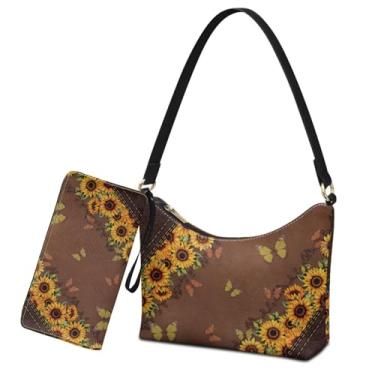 Imagem de Sannovo Bolsa feminina de ombro nas axilas com conjunto de carteira marrom sob o braço bolsas com alça crescente para encontros de compras, Borboleta marrom e girassol