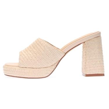 Imagem de Monrovia Sandálias femininas de salto ráfia, plataforma, plataforma, salto bloco, bico aberto de verão, salto alto grosso, sandálias deslizantes de praia para férias, Bege, 40