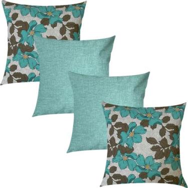 Imagem de Kit 4 Capas de Almofadas Floral e Liso Verde Água Impermeável 45x45cm 