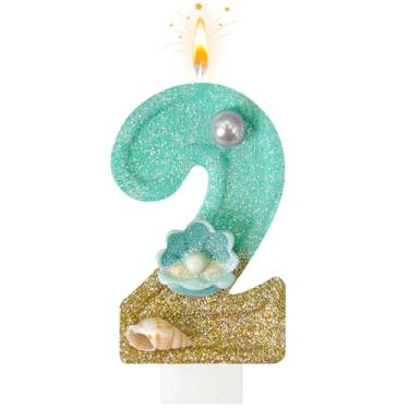 Imagem de Velas de aniversário, azul praia número 2 velas decoradas com conchas e pérolas para topo de bolo, adequado para decorações de bolo de sereia, decoração de aniversário com tema oceano (2 velas)