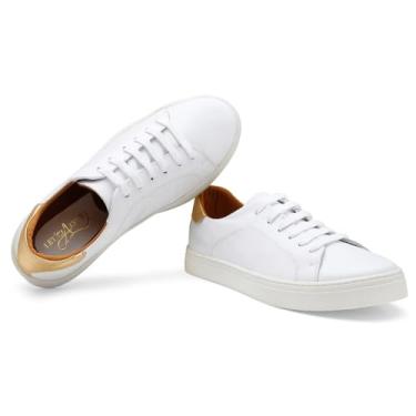 Imagem de Tenis Casual Feminino Couro Liso Forrado Cano Curto Com Cadarço Esportivo Caminhada Tamanho:34;Cor:Branco+dourado;Gênero:Feminino;Departamento BS:Esporte