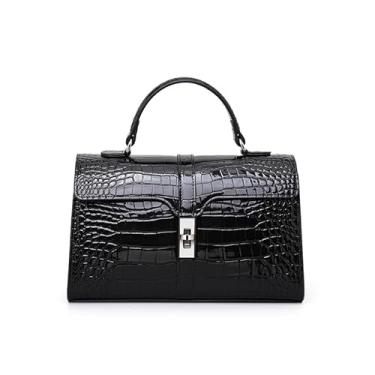 Imagem de Bolsa feminina de couro genuíno com estampa de crocodilo com alça de ombro fina removível, bolsa de noite e carteira de caxemira, Preto
