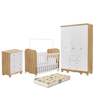 Imagem de Dormitório Infantil Júnior 4 Portas, Cômoda e Berço Uli com Colchão Supreme - Móveis Peroba