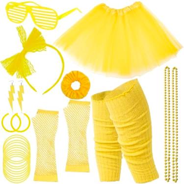 Imagem de YAROMO Acessórios De Fantasia Dos Anos 80 Para Mulheres, Traje Festa Halloween 90, Saia Tutu, Faixa Cabeça, Brinco, Colar, Luvas Vidro (Amarelo)