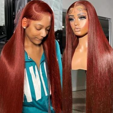 Imagem de Peruca frontal de renda marrom avermelhada de 71 cm, cabelo humano pré-arrancado, cabelo humano 33 x 15 HD, peruca frontal de renda, densidade 180%, peruca ruiva, colorida, sem cola, marrom