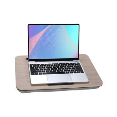 Imagem de Mesa de colo, mesa de laptop portátil para laptops de até 16 polegadas, com compartimento para tablet, almofada embutida, ótima para casa e escritório, mesa de colo com almofada (madeira preta, média)