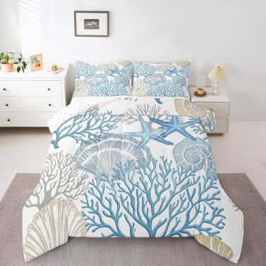 Imagem de jejeloiu Conjunto de cama solteiro com estampa de oceano, azul e coral tropical, para crianças, mulheres, homens, náutico, praia, oceano, concha, estrela-do-mar, conjunto de edredom