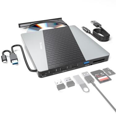 Imagem de SUIDEK Unidade externa de CD/DVD, USB 3.0 USB C, gravador de CD +/-RW, leitor de DVD portátil para laptop com leitor de cartão SD/Micro SD Hub 8 em 1 compatível com laptop, desktop, Mac, PC, Windows