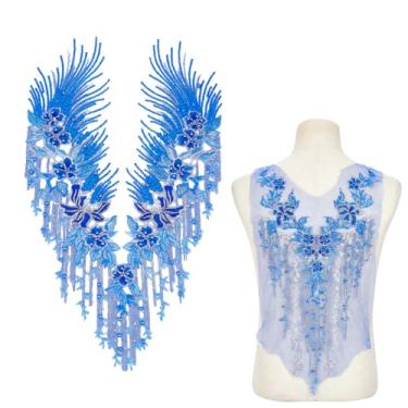 Imagem de NBEADS 2 peças de 2 estilos de apliques costurados com contas de flores, bordados costurados em tule remendos de renda para vestido de casamento faça você mesmo, acessórios de roupas, azul