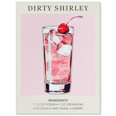 Imagem de OMANI Pôster de bebida de coquetel rosa Dirty Shirley em tela aquarela arte de parede impressões de receitas de álcool bar carrinho decoração de parede presentes para namorada 30,5 x 40,6 cm sem