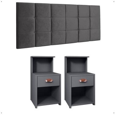 Imagem de Kit Quarto 2 Mesas Cléo Gaveta Nicho Prateleira Retrô Cabeceira Modulada Bia Suede Cama Box Casal 1,40 Cinza - RPM