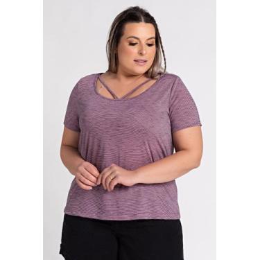 Imagem de Blusa Feminina Plus Size Detalhe Gola Listras - Serena, G4, Rosa