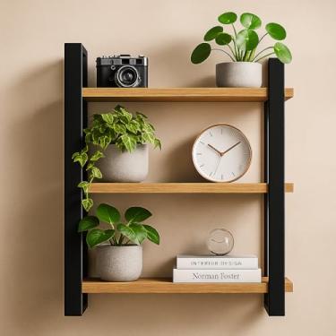 Imagem de Prateleira de Parede Flutuante Industrial em Madeira | Sala Quarto Cozinha | Livros Plantas |Suspensa Tripla - Level Tree - 30x40cm | Instalação Sem Furos | Moderna, Minimalista – by TH Wood Art