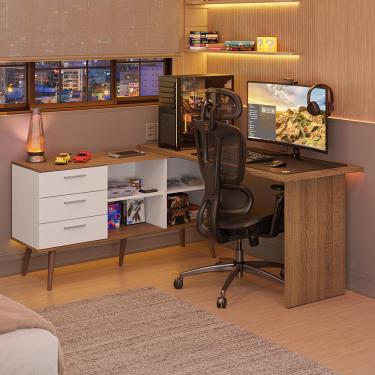 Imagem de Escrivaninha Em L Mesa Para Computador Gamer 3 Gavetas Branco/Rustic Lisboa Madesa
