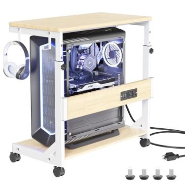 Imagem de Suporte de torre de computador ajustável em altura com estação de carregamento e porta de carregamento USB, carrinho ATX-Case de 2 níveis, suporte para PC móvel sob a mesa, carrinho com suporte de CPU