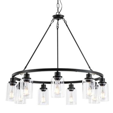 Imagem de OTeedo Lustres modernos de fazenda de 9 luzes de 81 cm para sala de jantar, lustre preto de roda de vagão, luzes pendentes redondas penduradas de altura ajustável para luminária de teto com sombra de