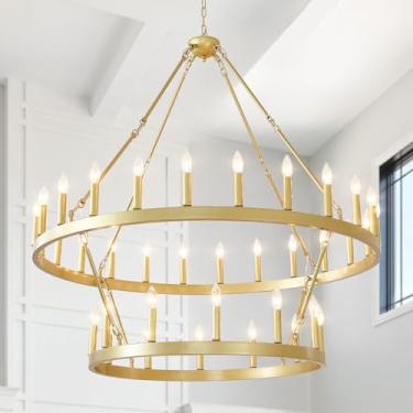 Imagem de EGM Lustre de roda de vagão dourado de 2 camadas de 122 cm, lustres de ouro escovado grande de 36 luzes, vela rústica redonda, luminárias de teto para sala de estar, sala de jantar, quarto, E12