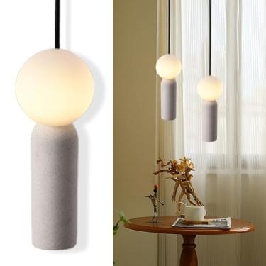 Imagem de WOSBO Wabi Sabi luminária pendente moderna boho cimento pingente luz art deco travertino luminária globo fosco abajur pendurado para cozinha ilha cabeceira corredor quarto sala de jantar (1 bola)