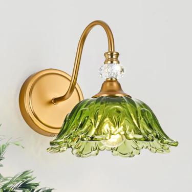 Imagem de sunkryster 1 arandela de parede vintage com sombra de vidro verde floral, arandela de parede com acabamento em latão fosco para banheiro, luminária vintage para banheiro
