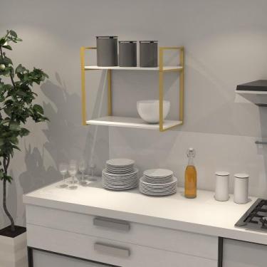 Imagem de Prateleira Industrial Parede ou Suspensa Dourada Aço e Madeira 50x40x6