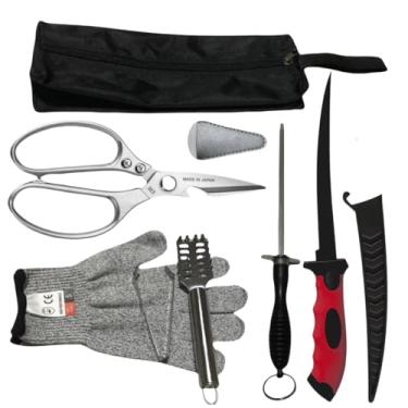 Imagem de Conjunto de 7 facas de pesca, kit de limpeza de peixe, faca de filé para peixe, escova de limpeza de escama de peixe, tesouras multifuncionais, luvas, pinças de espinha de peixe, bolsa de