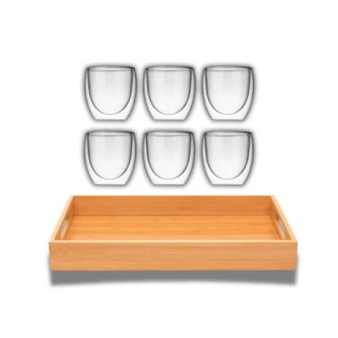 Imagem de Conjunto De Copos De Vidro Com Parede Dupla - Café, Chá, Sumo(Jogo 6 copos + Bandeja Bambu,230 ml)