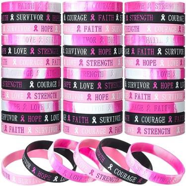 Imagem de Liliful 48 Pack Breast Cancer Awareness Silicone Wristbands Pink Ribbon Bracelets Hope Faith Courage Survivor Inspiring Wristbands Breast Cancer Awareness Month Gifts Party Favors