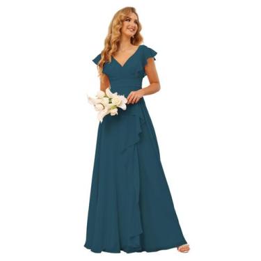 Imagem de Vestido de dama de honra TIRAS Elegant Ruffles Chiffon Teal para mulhe