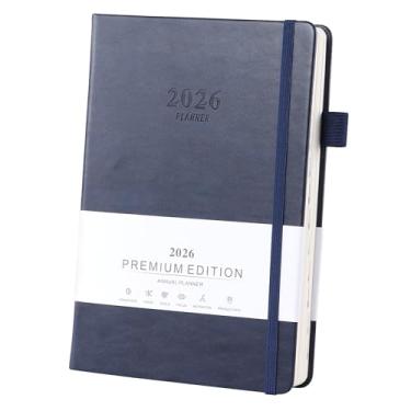 Imagem de Ztowoto Planejador acadêmico 2026, capa de couro, agenda 2026, agenda 2026 com laço para caneta, elástico elástico, agenda 365 páginas para escola, escritório e casa (azul escuro)