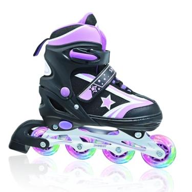 Imagem de SMOOJOY Patins infantis em linha para meninos, meninas e jovens, todas as rodas iluminadas, lâmina de moldura de alumínio, preto e roxo, skate para iniciantes de 5 a 8 anos, perfeito para ambientes