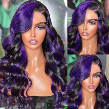 Imagem de MARRY MOON Perucas de cabelo humano ombré roxo realce 33 x 15 para mulheres, densidade 180% 13 x 6, peruca frontal de renda preta e roxa, cabelo humano, ondulado, listrada, sem cola, peruca