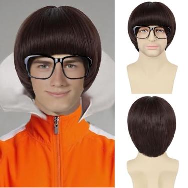 Imagem de Guree Hair Peruca de cogumelo + óculos para homens e mulheres, unissex, sintética dos anos 60 com franja, para personagens de filmes de anime, fantasia de Halloween, festa de cosplay (marrom escuro)